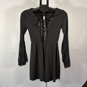 Women's Medium Corset Black Gothic Mini Dress Lace Sleeve Witchy Whimsigoth Sexy